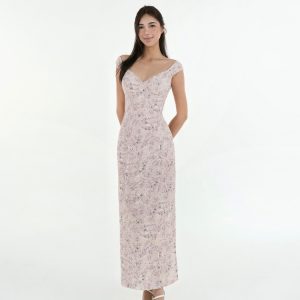 French V-Neck Fitted Split Printed Chiffon Long Dress - Elegant Summer Style, Perfect for 90s Inspired or Y2K Fashion