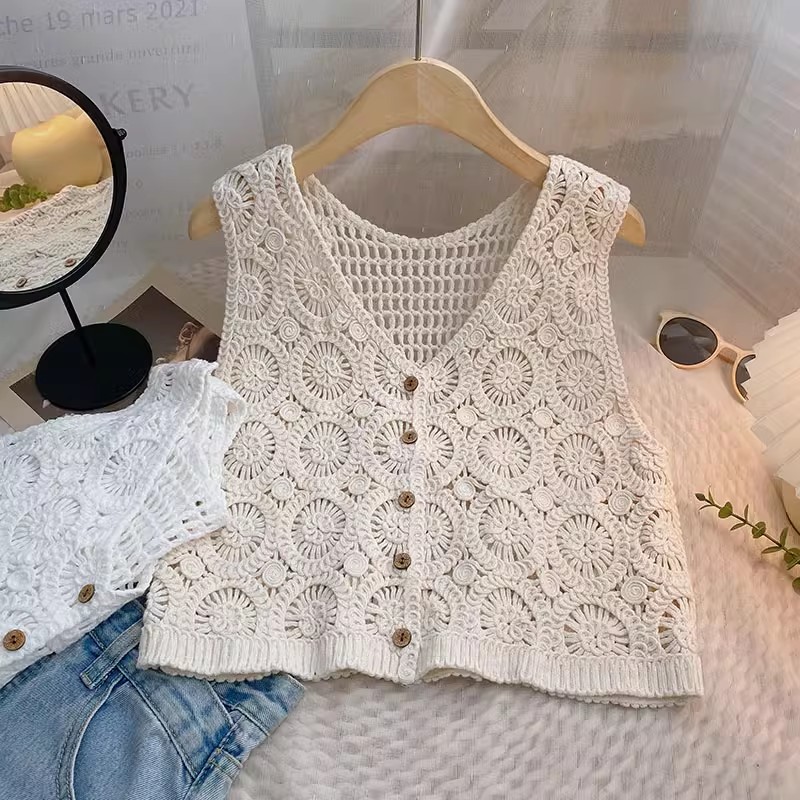 French V-Neck Sleeveless Lace Short Vest for Women - Slimming Summer Outerwear, Versatile Korean Style Top