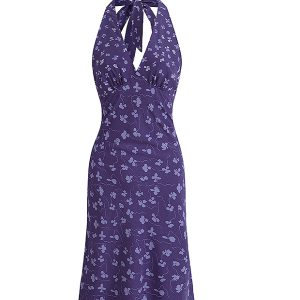 French Vintage Backless Floral Halter V-Neck Dress for Summer 2025 - Chic Vacation Style