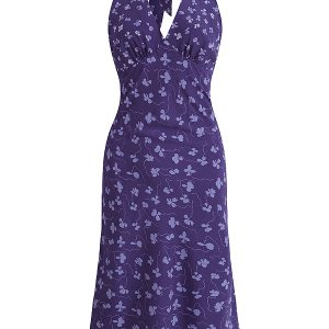 French Vintage Backless Floral Halter V-Neck Dress for Summer 2025 - Chic Vacation Style