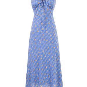 French Vintage Blue Floral Vacation Dress for Women - 2025 Summer Long Tea Break Style