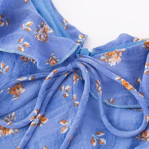 French Vintage Blue Floral Vacation Dress for Women - 2025 Summer Long Tea Break Style