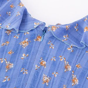 French Vintage Blue Floral Vacation Dress for Women - 2025 Summer Long Tea Break Style