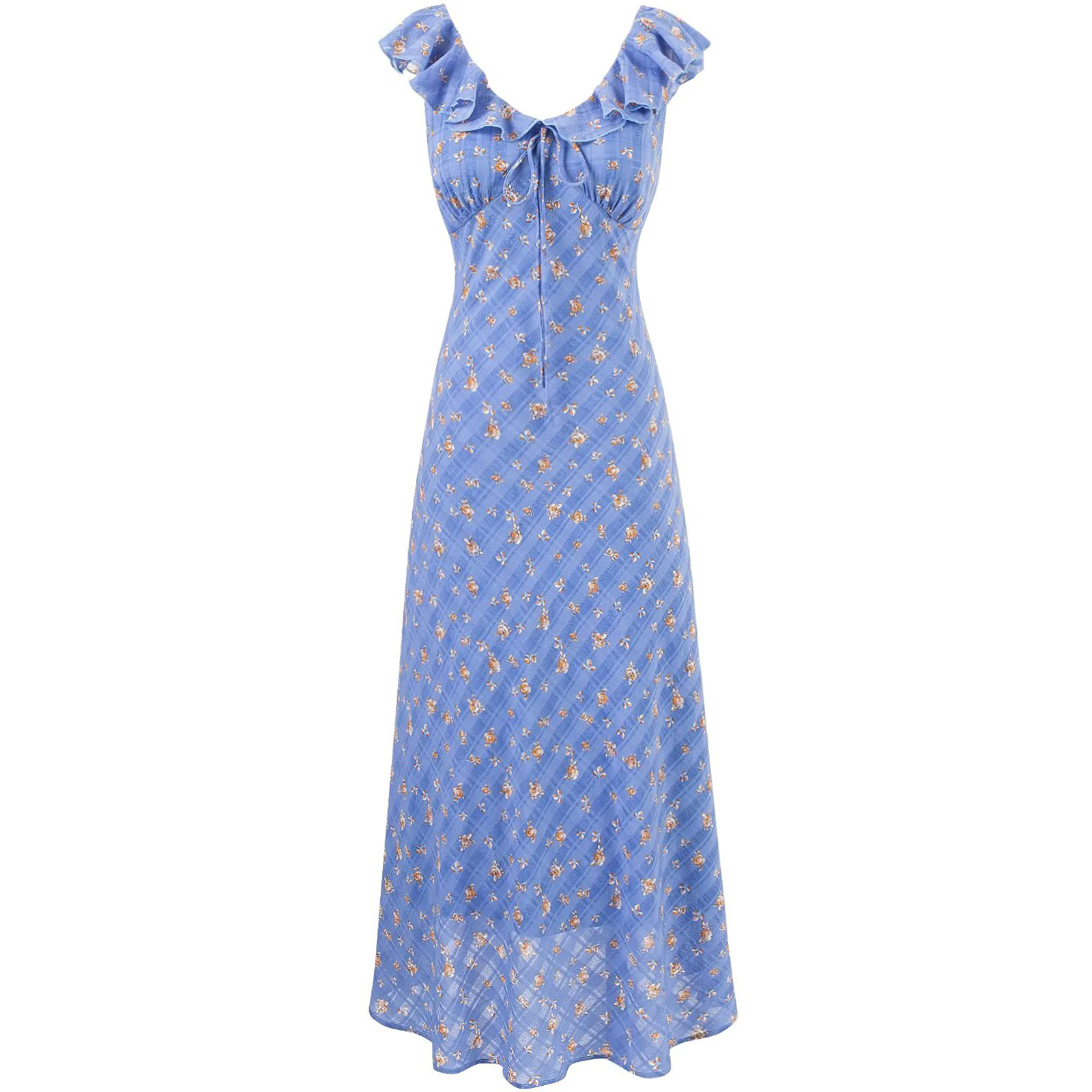 French Vintage Blue Floral Vacation Dress for Women - 2025 Summer Long Tea Break Style