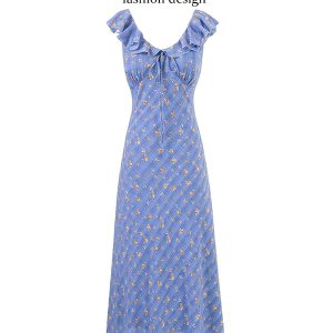 French Vintage Blue Floral Vacation Dress for Women - 2025 Summer Long Tea Break Style