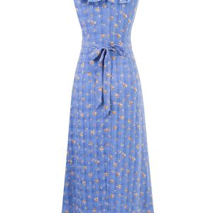 French Vintage Blue Floral Vacation Dress for Women - 2025 Summer Long Tea Break Style