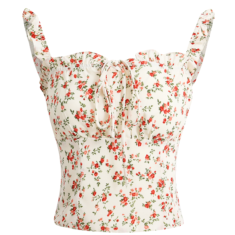 French Vintage Floral Spaghetti Strap Crop Top with Open Back - 2025 Summer Style, Boho Chic, Y2K Inspired