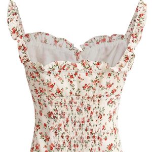 French Vintage Floral Spaghetti Strap Crop Top with Open Back - 2025 Summer Style, Boho Chic, Y2K Inspired