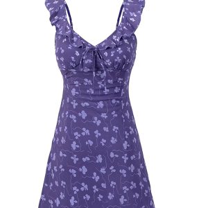 French Vintage Floral V-Neck Ruffled Slip Dress - 2025 Summer A-Line Short Skirt, Perfect for Y2K and 90s Inspired Looks