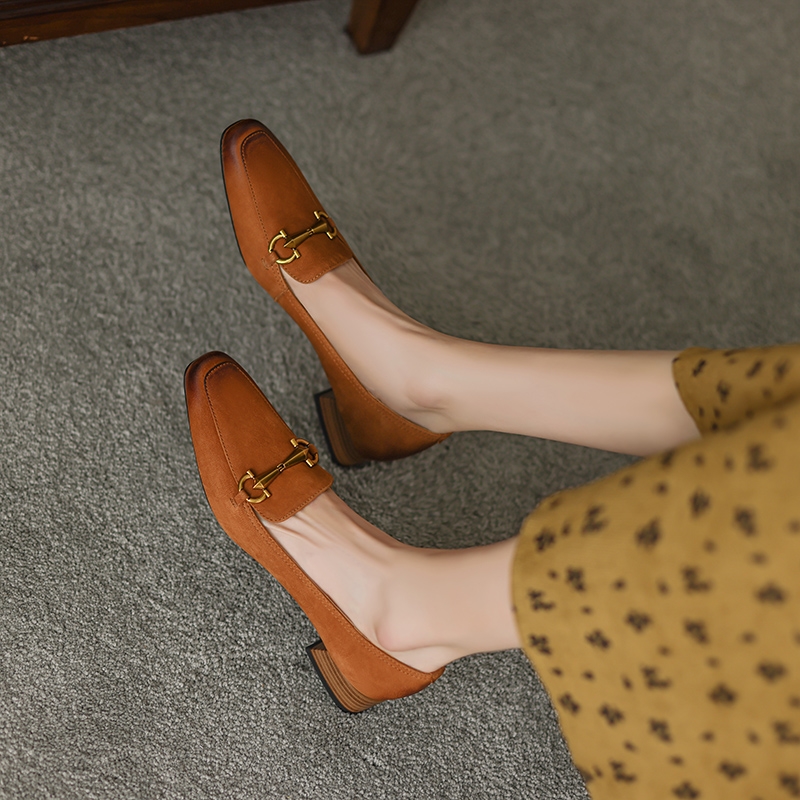 French Vintage Genuine Leather Small Square Toe Color-Worn Mid-Heel Shoes for Women - 2025 Versatile Y2K Style