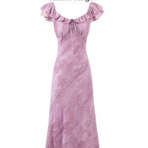 French Vintage Purple Jacquard Dress for Women - 2025 Summer Flying Sleeve Long Dress in 90s Inspired Style