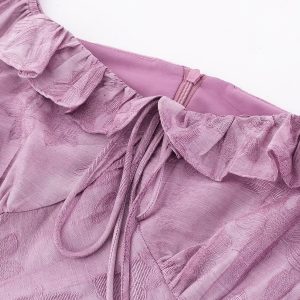 French Vintage Purple Jacquard Dress for Women - 2025 Summer Flying Sleeve Long Dress in 90s Inspired Style