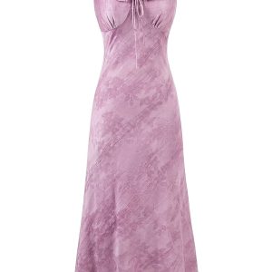 French Vintage Purple Jacquard Dress for Women - 2025 Summer Flying Sleeve Long Dress in 90s Inspired Style