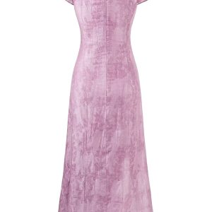 French Vintage Purple Jacquard Dress for Women - 2025 Summer Flying Sleeve Long Dress in 90s Inspired Style