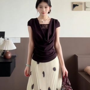 French Vintage Ruffled Collar T-Shirt for Women - Summer Lace Splicing, Waist-Cinching Slimming Short Sleeve Fitted Top