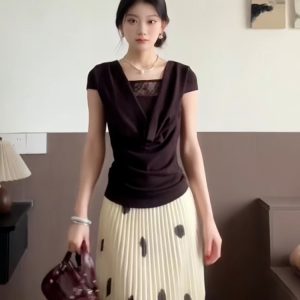 French Vintage Ruffled Collar T-Shirt for Women - Summer Lace Splicing, Waist-Cinching Slimming Short Sleeve Fitted Top