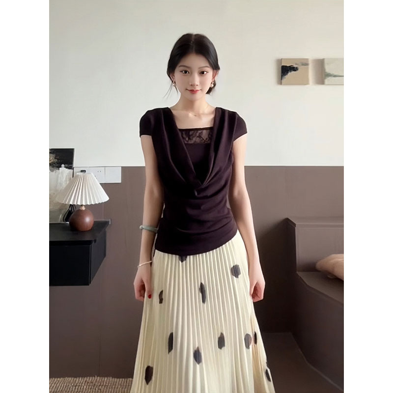 French Vintage Ruffled Collar T-Shirt for Women - Summer Lace Splicing, Waist-Cinching Slimming Short Sleeve Fitted Top