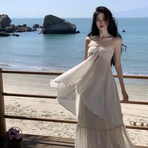 French Vintage Sexy Strapless Halter Dress with Flowing Long Skirt for Seaside Vacation - Boho Chic Summer Style