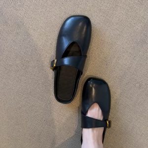 French Vintage Sheepskin Half Slippers for Women - Versatile Spring Flat Round-Toe Outdoor Slippers