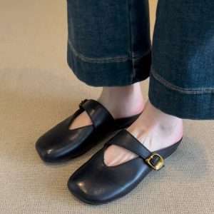 French Vintage Sheepskin Half Slippers for Women - Versatile Spring Flat Round-Toe Outdoor Slippers