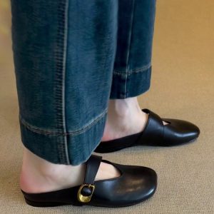 French Vintage Sheepskin Half Slippers for Women - Versatile Spring Flat Round-Toe Outdoor Slippers