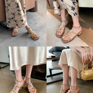 French Vintage Sheepskin High-Heeled Roman Sandals for Women - Summer Rhinestone One-Strap Genuine Leather Square-Toe Design