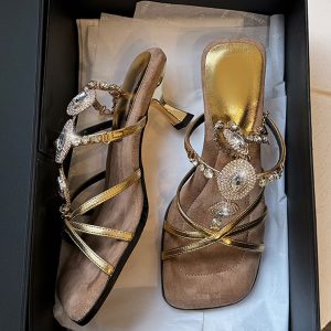 French Vintage Sheepskin High-Heeled Roman Sandals for Women - Summer Rhinestone One-Strap Genuine Leather Square-Toe Design