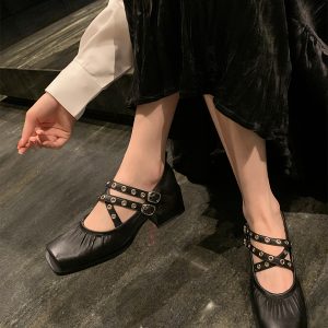 French Vintage Sheepskin Square-Toe Ballet Shoes for Women, Chunky Heels Cross-Strap Mary Janes, Genuine Leather Flats