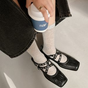 French Vintage Sheepskin Square-Toe Ballet Shoes for Women, Chunky Heels Cross-Strap Mary Janes, Genuine Leather Flats