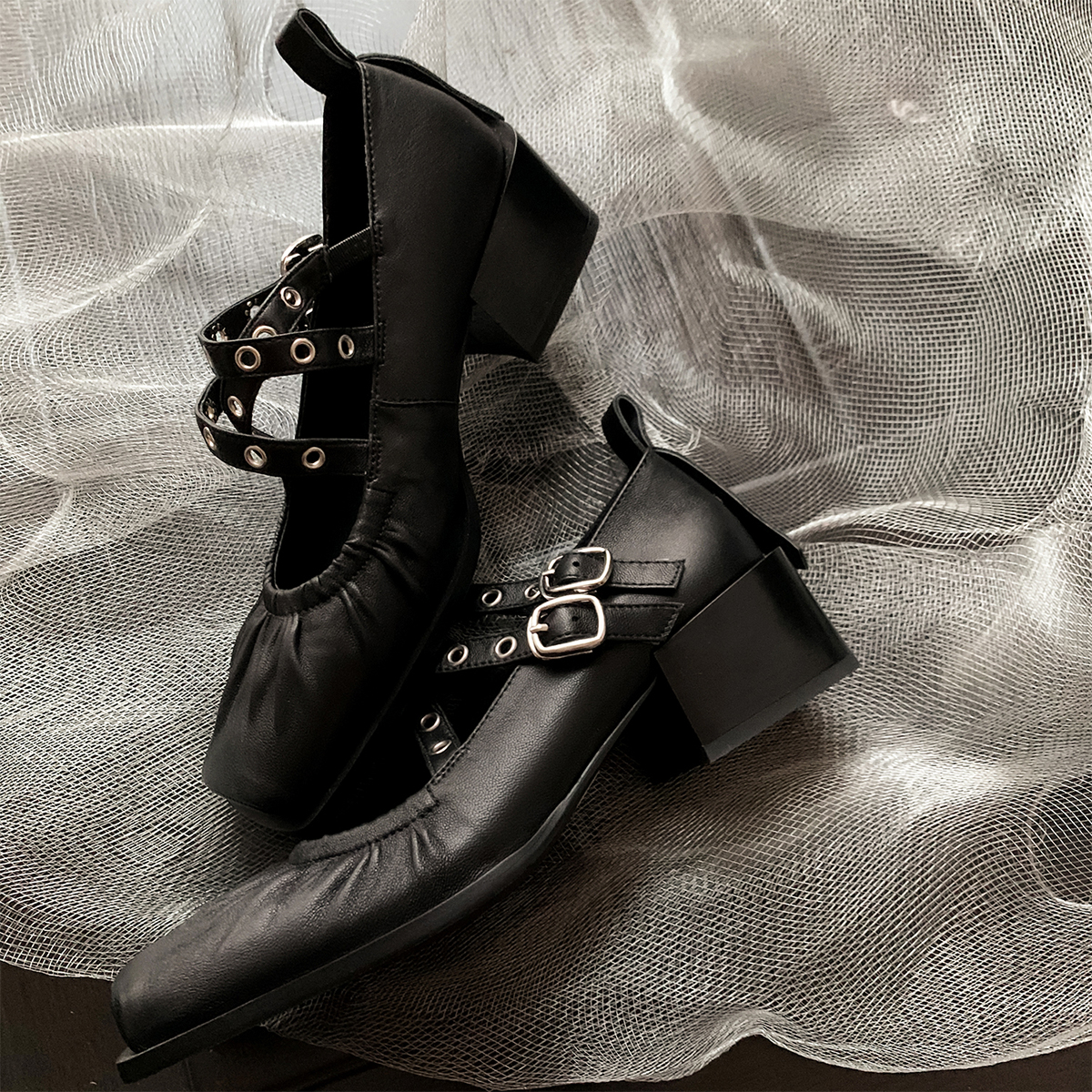 French Vintage Sheepskin Square-Toe Ballet Shoes for Women, Chunky Heels Cross-Strap Mary Janes, Genuine Leather Flats