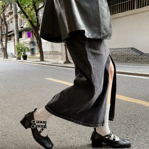 French Vintage Sheepskin Square-Toe Ballet Shoes for Women, Chunky Heels Cross-Strap Mary Janes, Genuine Leather Flats