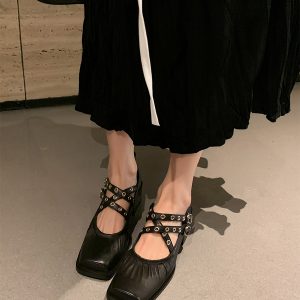 French Vintage Sheepskin Square-Toe Ballet Shoes for Women, Chunky Heels Cross-Strap Mary Janes, Genuine Leather Flats