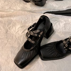 French Vintage Sheepskin Square-Toe Ballet Shoes for Women, Chunky Heels Cross-Strap Mary Janes, Genuine Leather Flats