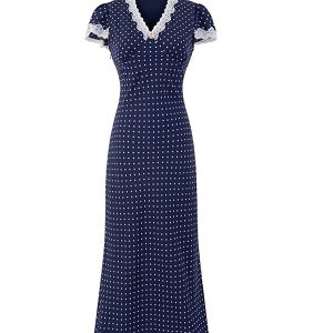 French Vintage V-Neck Polka Dot Long Vacation Dress for Women - 2025 Summer Style, Perfect for 90s Inspired Looks