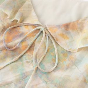 French Vintage V-Neck Ruffled Gradient Printed Dress for Women - Summer 2025 Long Skirt, Boho Chic Style