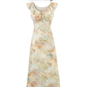 French Vintage V-Neck Ruffled Gradient Printed Dress for Women - Summer 2025 Long Skirt, Boho Chic Style