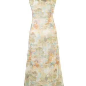 French Vintage V-Neck Ruffled Gradient Printed Dress for Women - Summer 2025 Long Skirt, Boho Chic Style