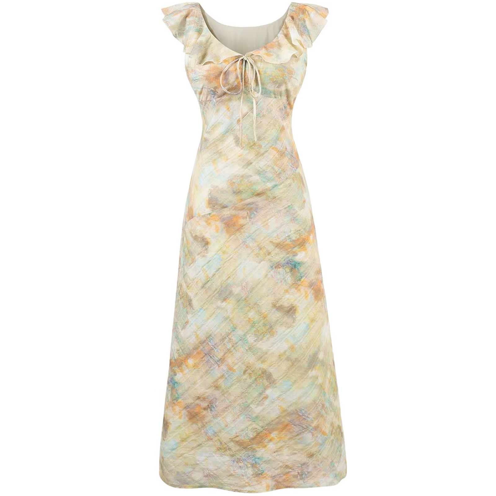 French Vintage V-Neck Ruffled Gradient Printed Dress for Women - Summer 2025 Long Skirt, Boho Chic Style