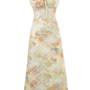 French Vintage V-Neck Ruffled Gradient Printed Dress for Women - Summer 2025 Long Skirt, Boho Chic Style