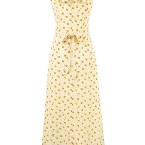 French Vintage Yellow Floral Long Dress for Women - 2025 Summer Tea Break Vacation Style