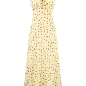 French Vintage Yellow Floral Long Dress for Women - 2025 Summer Tea Break Vacation Style