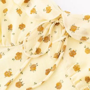 French Vintage Yellow Floral Long Dress for Women - 2025 Summer Tea Break Vacation Style