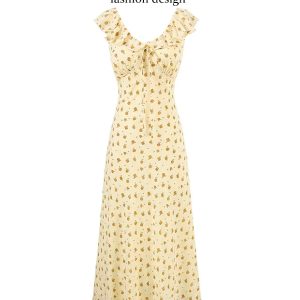 French Vintage Yellow Floral Long Dress for Women - 2025 Summer Tea Break Vacation Style
