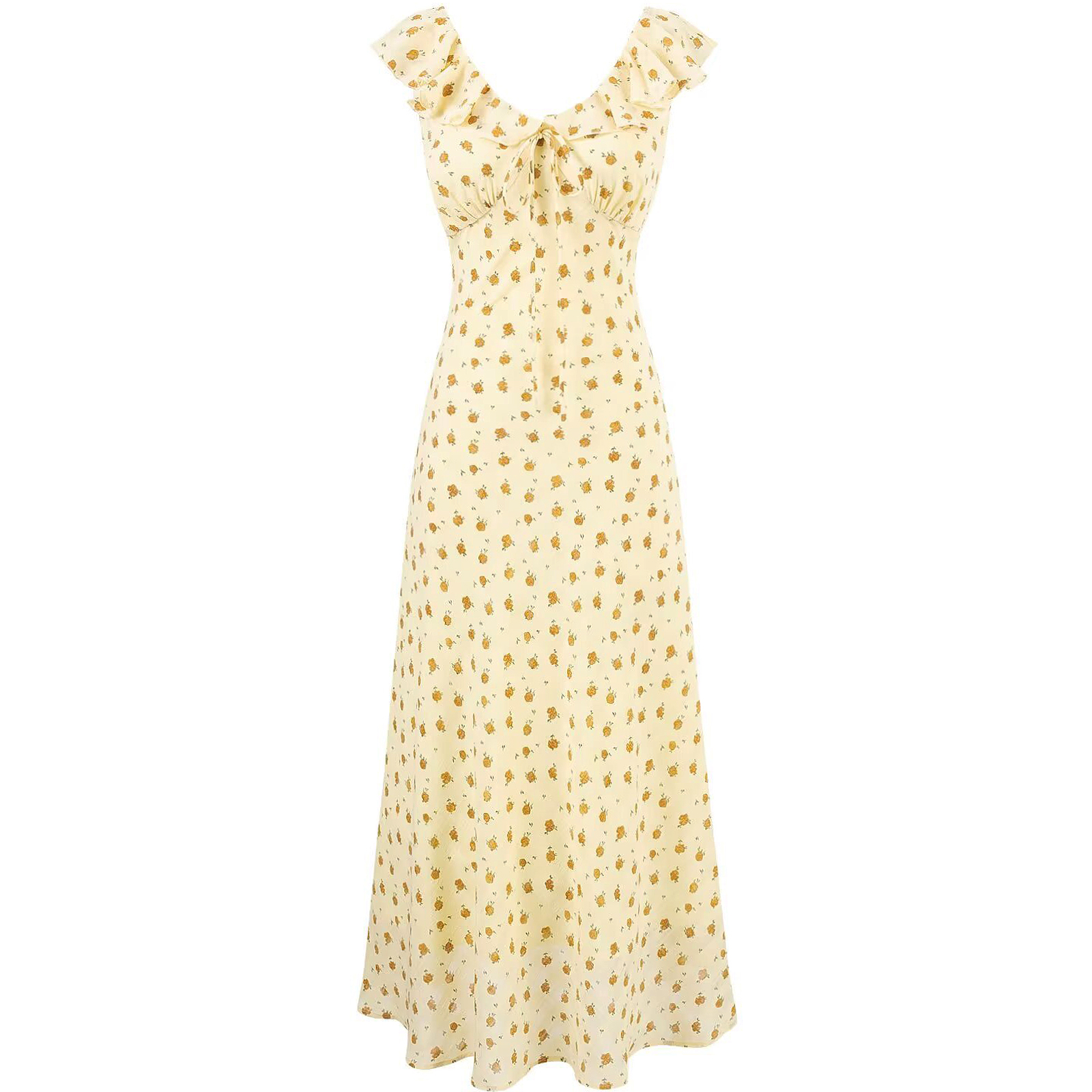 French Vintage Yellow Floral Long Dress for Women - 2025 Summer Tea Break Vacation Style