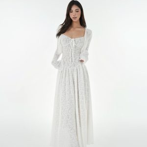 French White Lace Stretch Jacquard Cami Long Dress Set - Elegant Layered Look, Perfect for 90s and Y2K Fashion Lovers