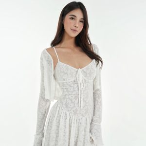 French White Lace Stretch Jacquard Cami Long Dress Set - Elegant Layered Look, Perfect for 90s and Y2K Fashion Lovers