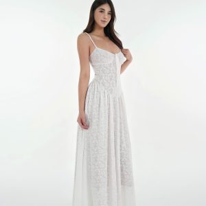 French White Lace Stretch Jacquard Cami Long Dress Set - Elegant Layered Look, Perfect for 90s and Y2K Fashion Lovers