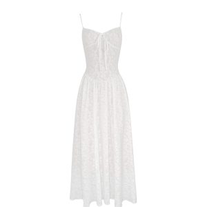 French White Lace Stretch Jacquard Cami Long Dress Set - Elegant Layered Look, Perfect for 90s and Y2K Fashion Lovers