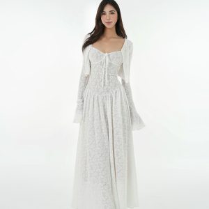 French White Lace Stretch Jacquard Cami Long Dress Set - Elegant Layered Look, Perfect for 90s and Y2K Fashion Lovers