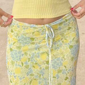 Fresh Dopamine Floral Bodycon Skirt - Women's Low Waist Lace-Up Mesh Straight Skirt - Trendy Y2K Style
